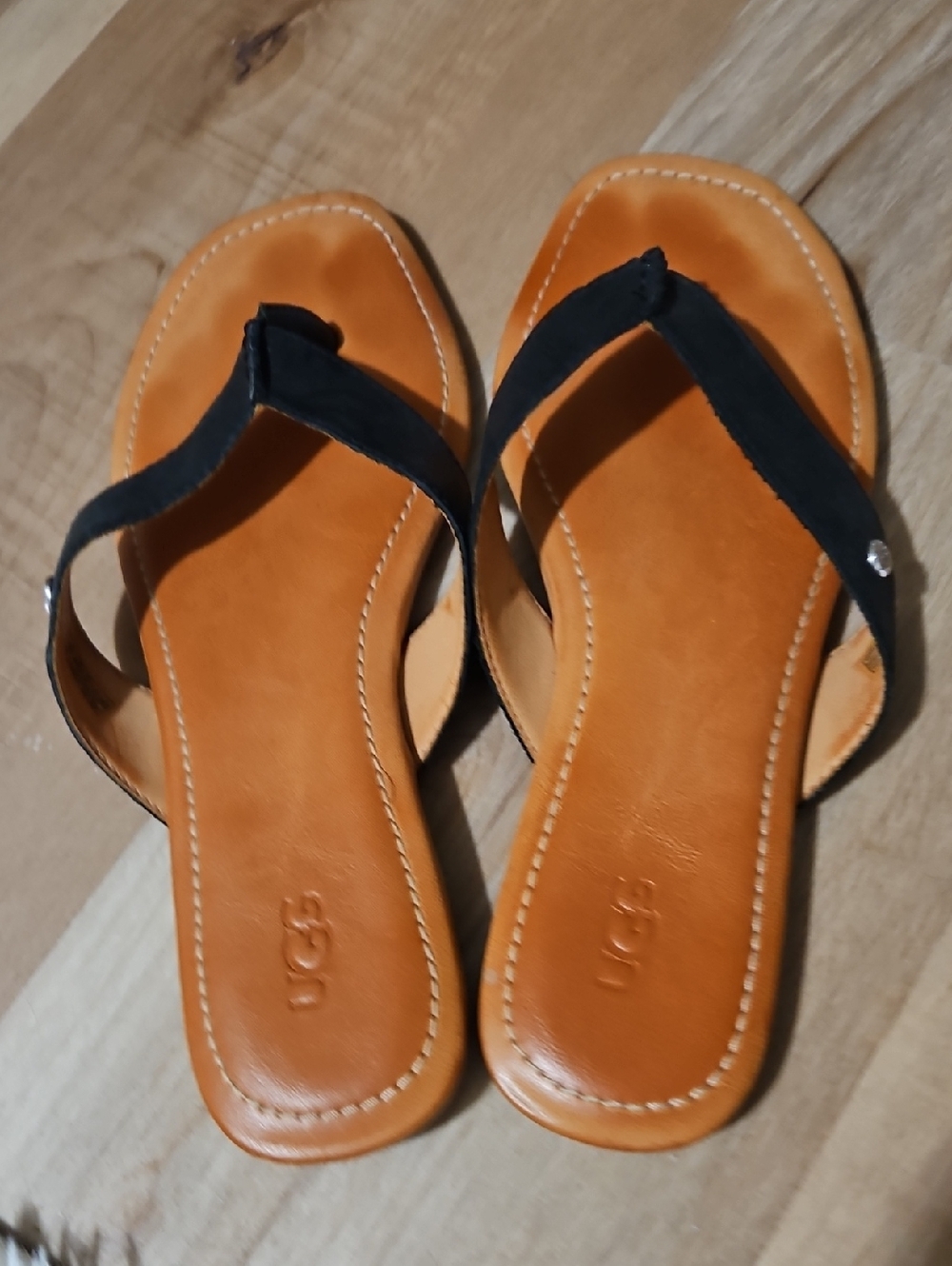 UGG Women's Black Strap Tan Leather Footbed Sandals